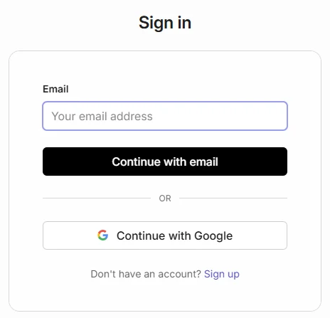 juudd’s sign-in: an email field, Continue with email, Continue with Google, and Sign up.