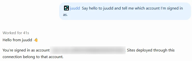 ChatGPT’s answer after calling juudd: “Hello from juudd”, and the account it is signed in as, blurred here.