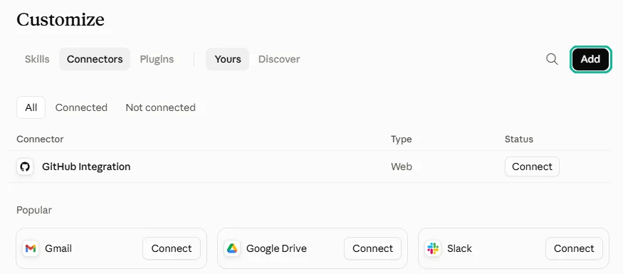 Claude’s Customize page on the Connectors tab, with the Add button at the top right marked.