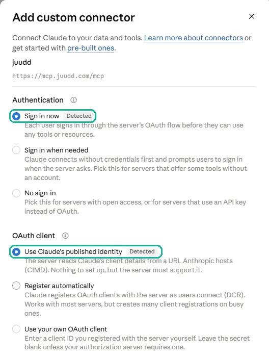 Step two of the form: Sign in now and Use Claude’s published identity are selected, both labelled Detected.