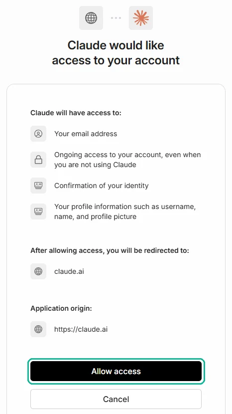 The consent screen, “Claude would like access to your account”, with Allow access marked.