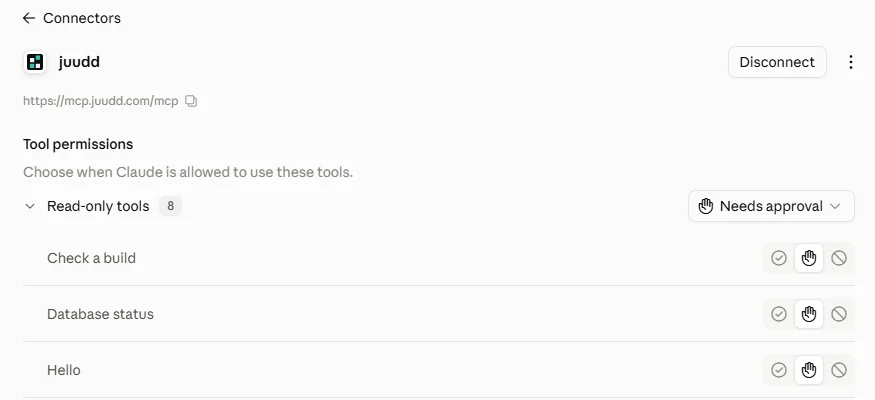 juudd connected in Claude, listing its tools under Tool permissions: 8 read-only tools set to Needs approval.