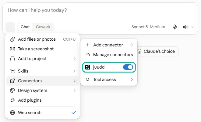 The + menu in a Claude chat, open on Connectors, with juudd switched on and marked.