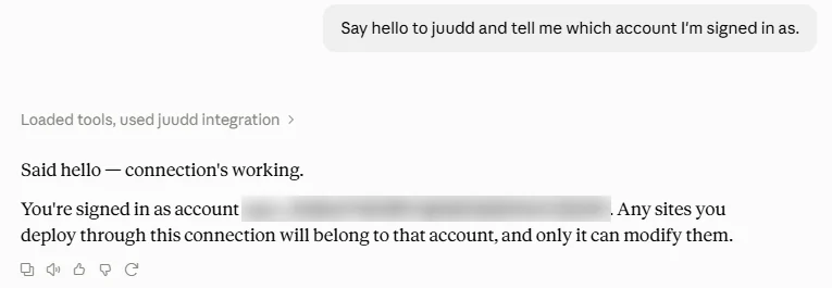 Claude’s answer: said hello, the connection is working, and the account it is signed in as, blurred here.